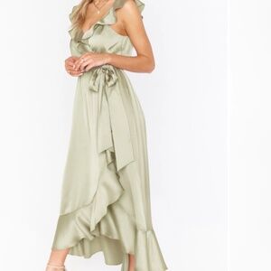 Samantha Ruffle Wrap Dress - Moss Green Satin